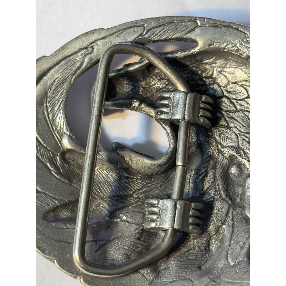 Vintage 1995 EJC Pewter Bald Eagle Belt Buckle Diamond Cut Black Enamel USA.