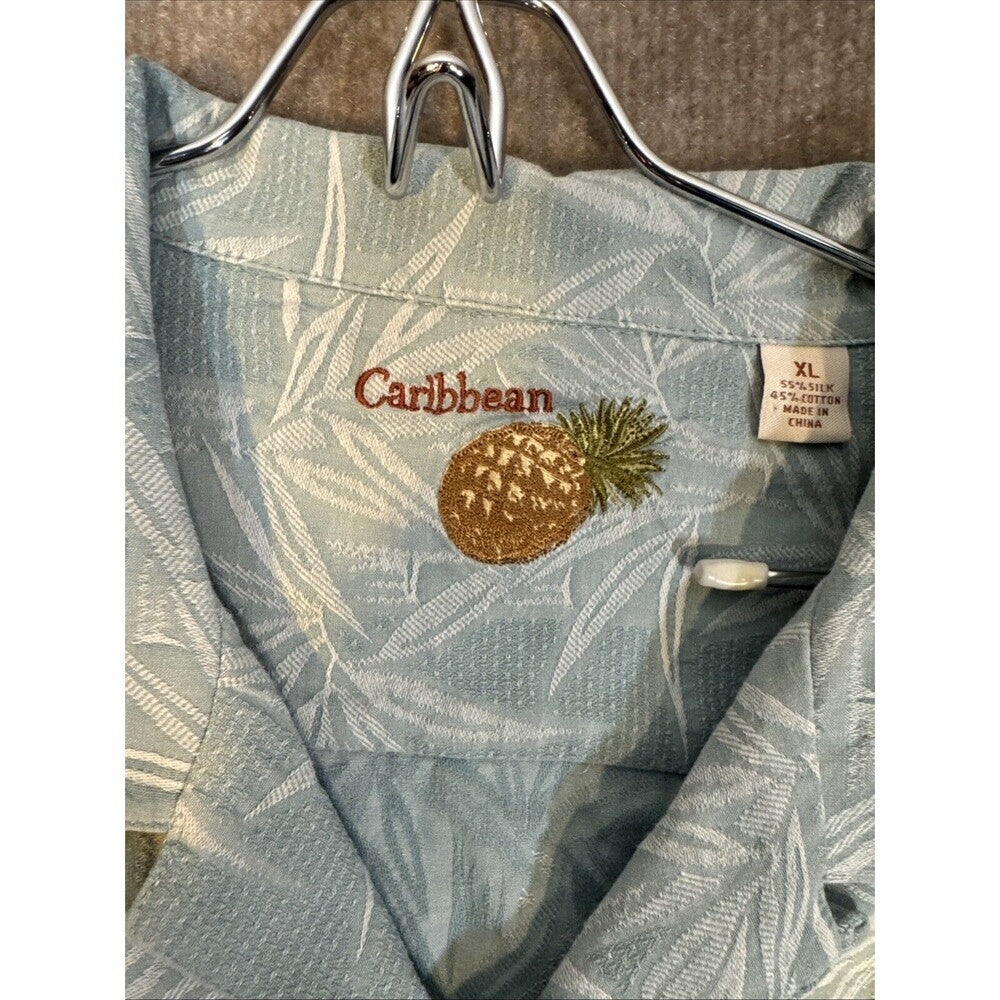 Caribbean Men Hawaiian Shirt Blue Silk Blend Short Sleeve Button Up XL