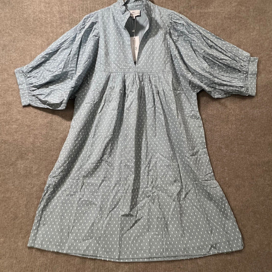 Never a Wallflower Blue White Textured Dot Prairie Midi Dress Puff Sleeve L