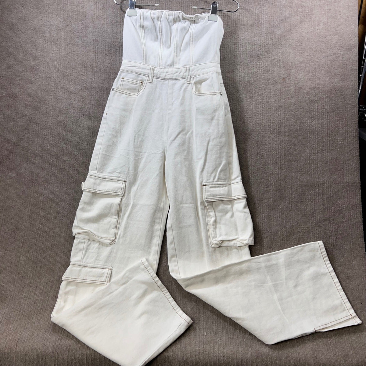 PrettyLittleThing Strapless Cargo Denim Jumpsuit Women Size 4 White Utility Y2K