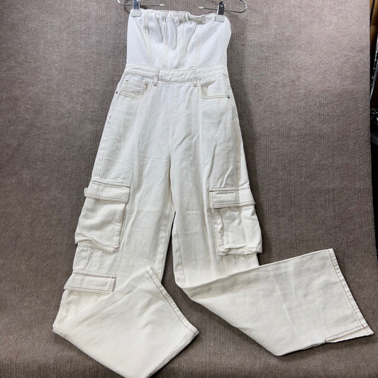 PrettyLittleThing Strapless Cargo Denim Jumpsuit Women Size 4 White Utility Y2K