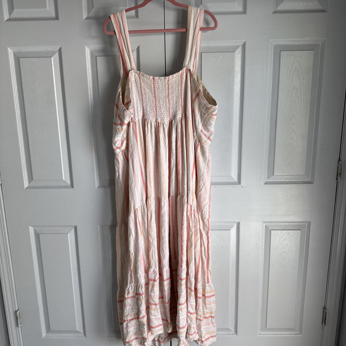 Tiered Maxi Linen Blend Sundress Peach Striped Pockets Boho 4X Ruched Country