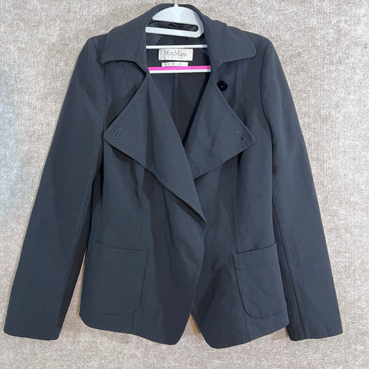 Max Mara Jacket Womens 8 Black Virgin Wool Hand Sewn Asymmetric Office Chic