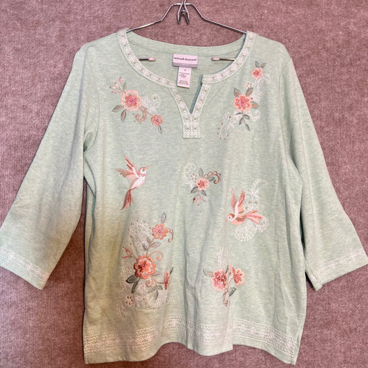 Alfred Dunner Top Womens PM Embroidered Hummingbird Floral Petite Cottagecore