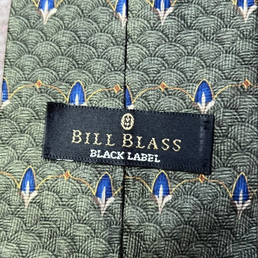 Bill Blass Black Label Silk Necktie Olive Green Blue Art Deco Pattern Elegant