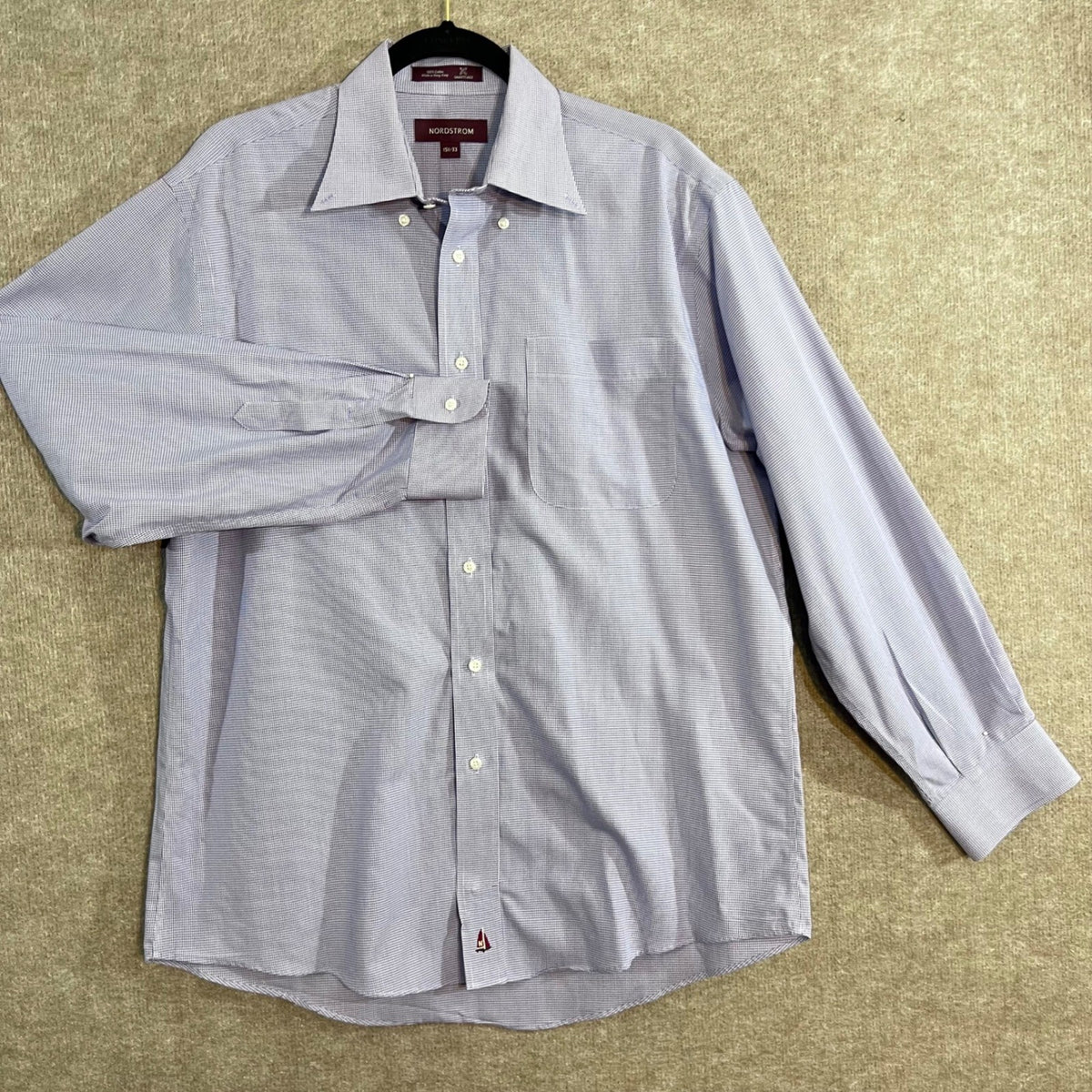 Nordstrom Button Down Shirt Mens 15.5-33 Purple Gingham Smartcare Formal Office