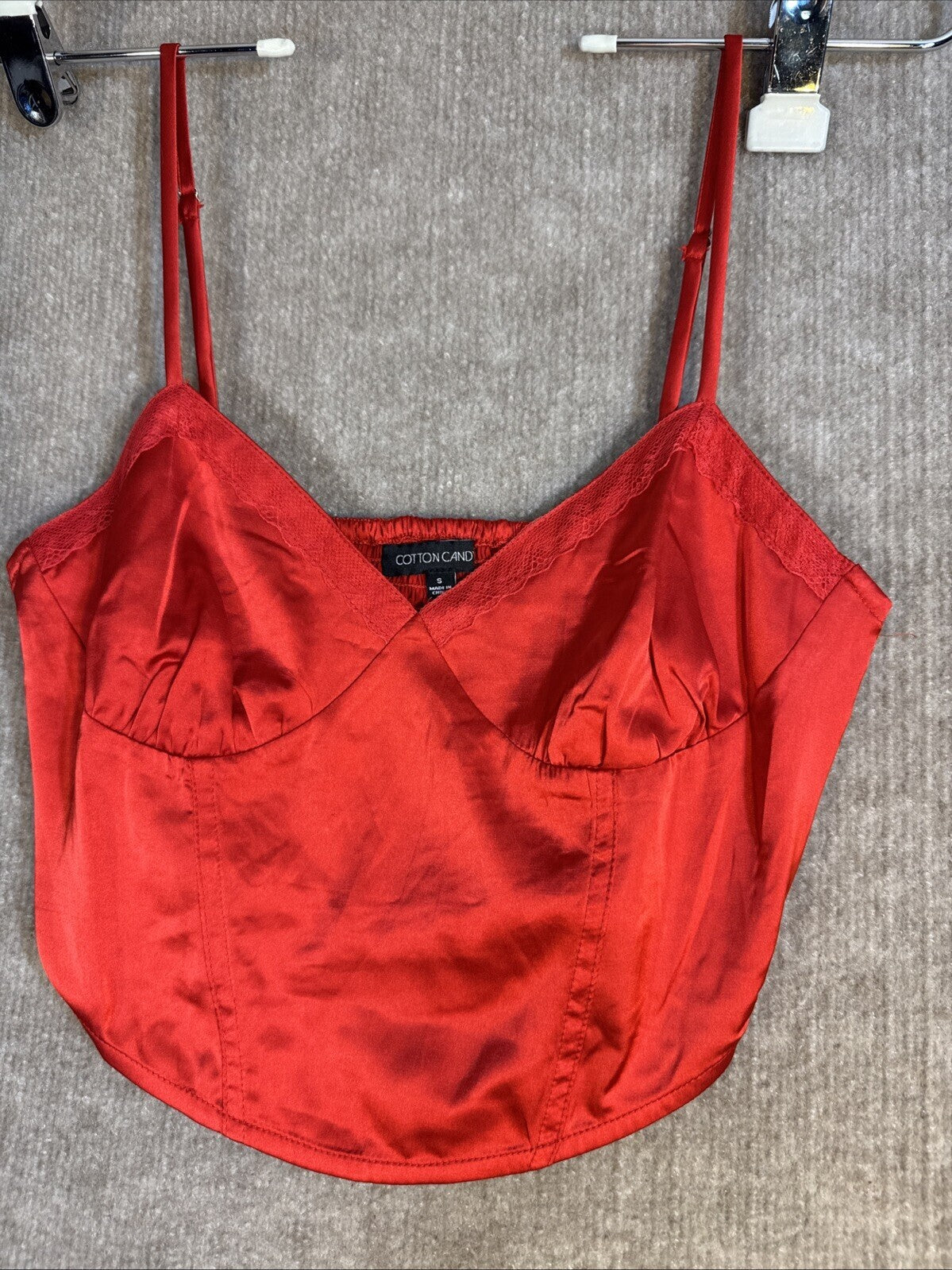 COTTON CANDY LA Red Satin Cropped Cami Size Small Smocked Stretch Back Side Zip