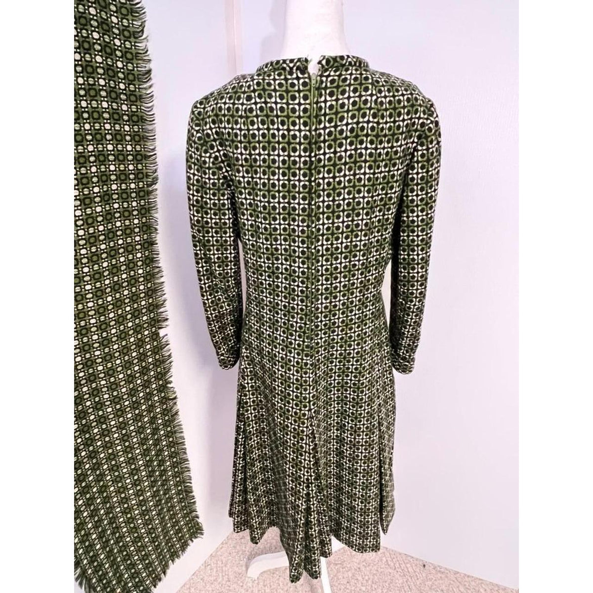 Vintage Green Mod Geo Print Long Sleeve Dress S-M Matching Scarf Retro 60 Style