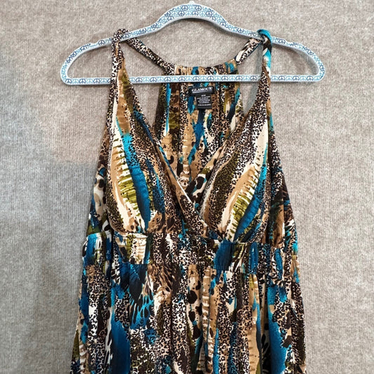 Glamour Maxi Dress Womens 14W Animal Print Sleeveless V Neck Boho Chic