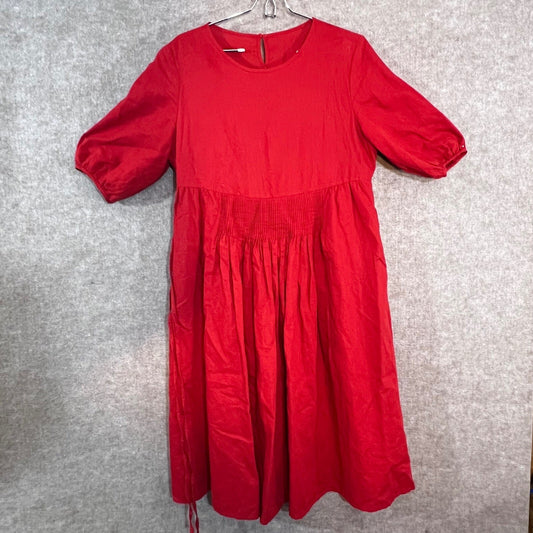 Red Smocked Waist Puff Sleeve Midi Dress Womens Red Cottagecore Boho Linen Blend