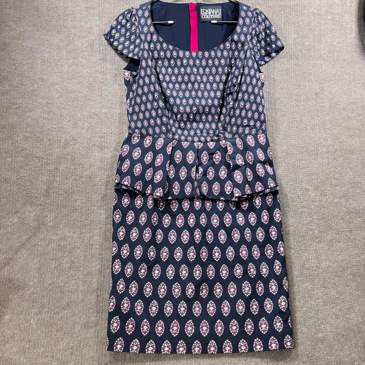 Fontana Couture Milano Silk Jewel Print Embellished Peplum Sheath Dress Sz Small