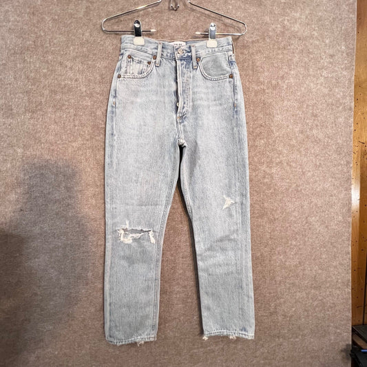 AGOLDE Riley Crop Jeans 23 Light Wash Distressed High Rise Button Fly Denim