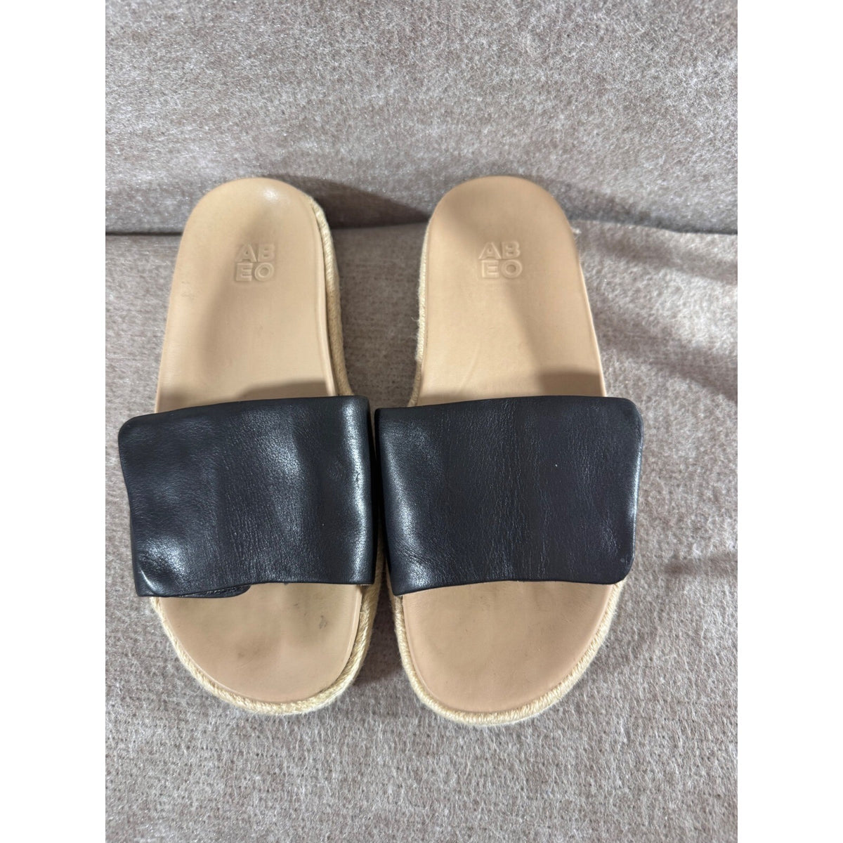 SIZE ABEO Isle Slide Sandals  Black Leather Espadrille Platform Minimalist