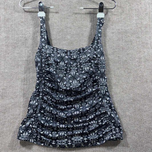 LL Bean Womens Swim Tankini Top Size 8 Regular Black Ruched Floral UPF 50