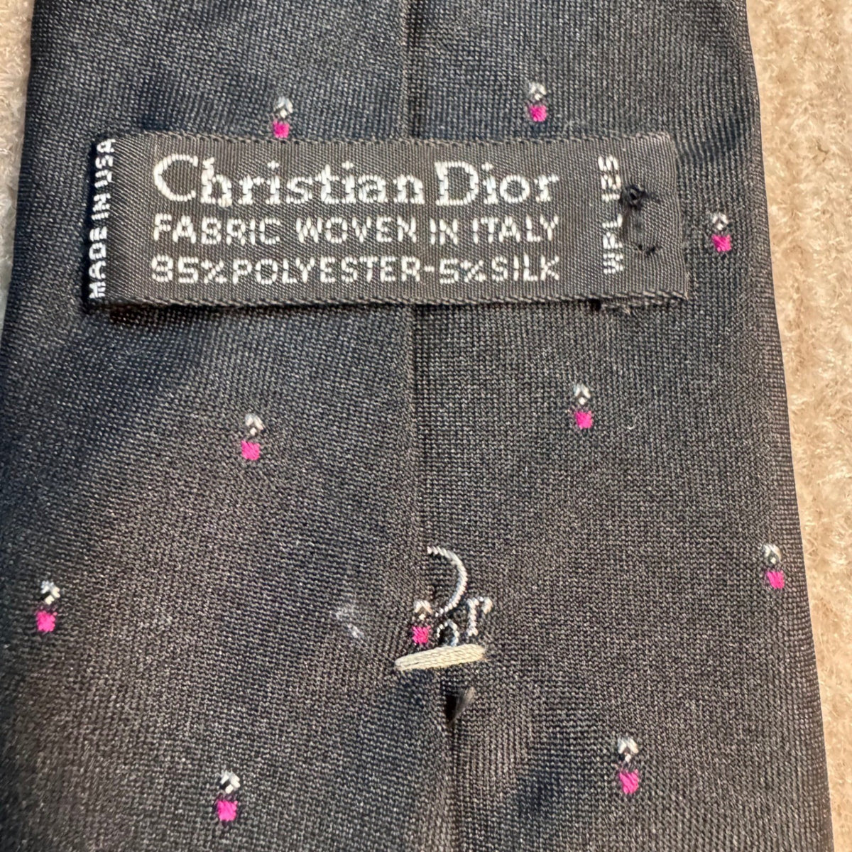 Vintage Christian Dior Necktie Black Pink Micro Dot CD Logo Silk Blend Italy