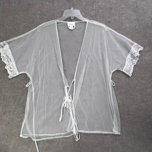 Intimo Amore Sears White Lace Trim Sheer Tie Front Robe Lingerie Medium