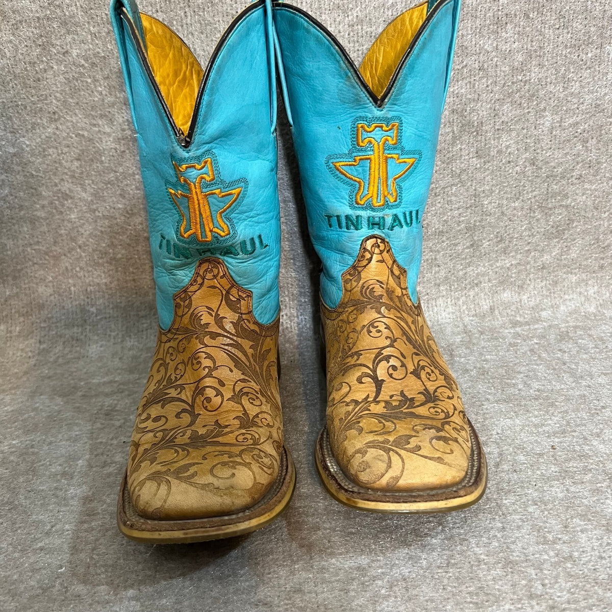 Tin Haul Women's Teal 6.5 Damask Floral Leather Western Cowboy Boots