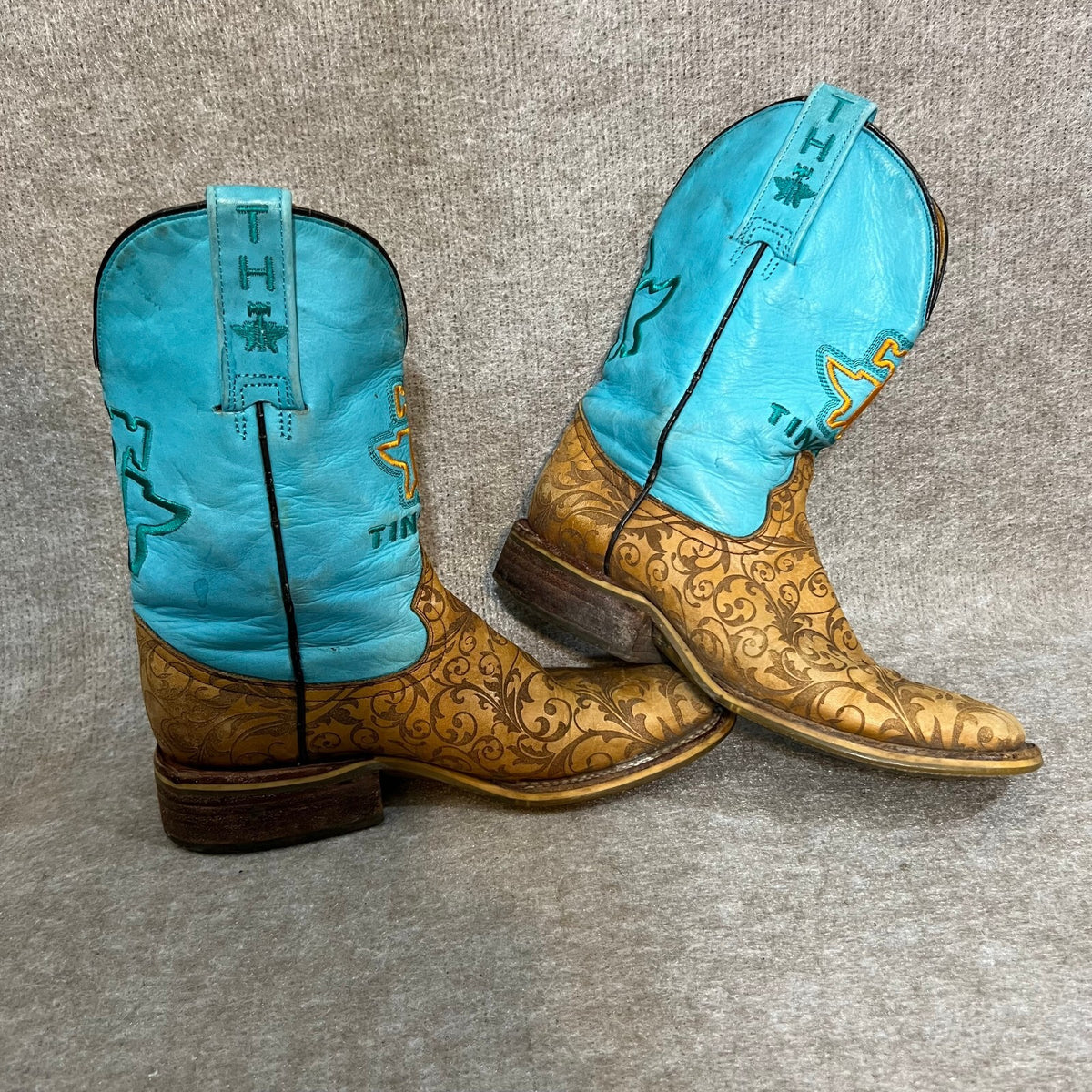 Tin Haul Women's Teal 6.5 Damask Floral Leather Western Cowboy Boots