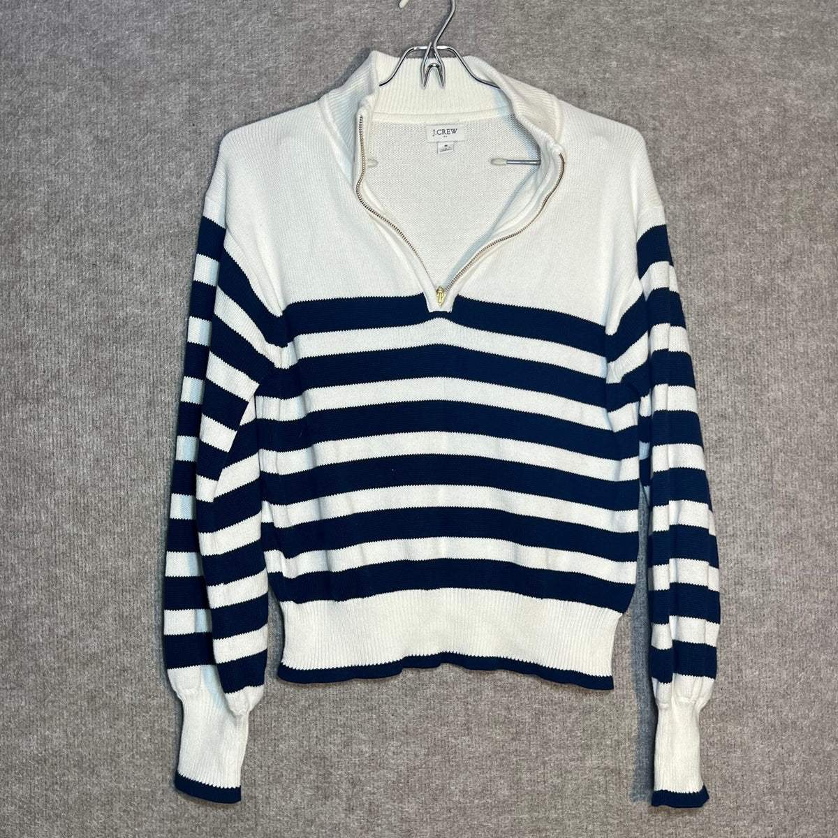 J.Crew Women's Navy and White Striped Half-Zip Pullover Sweater Size S