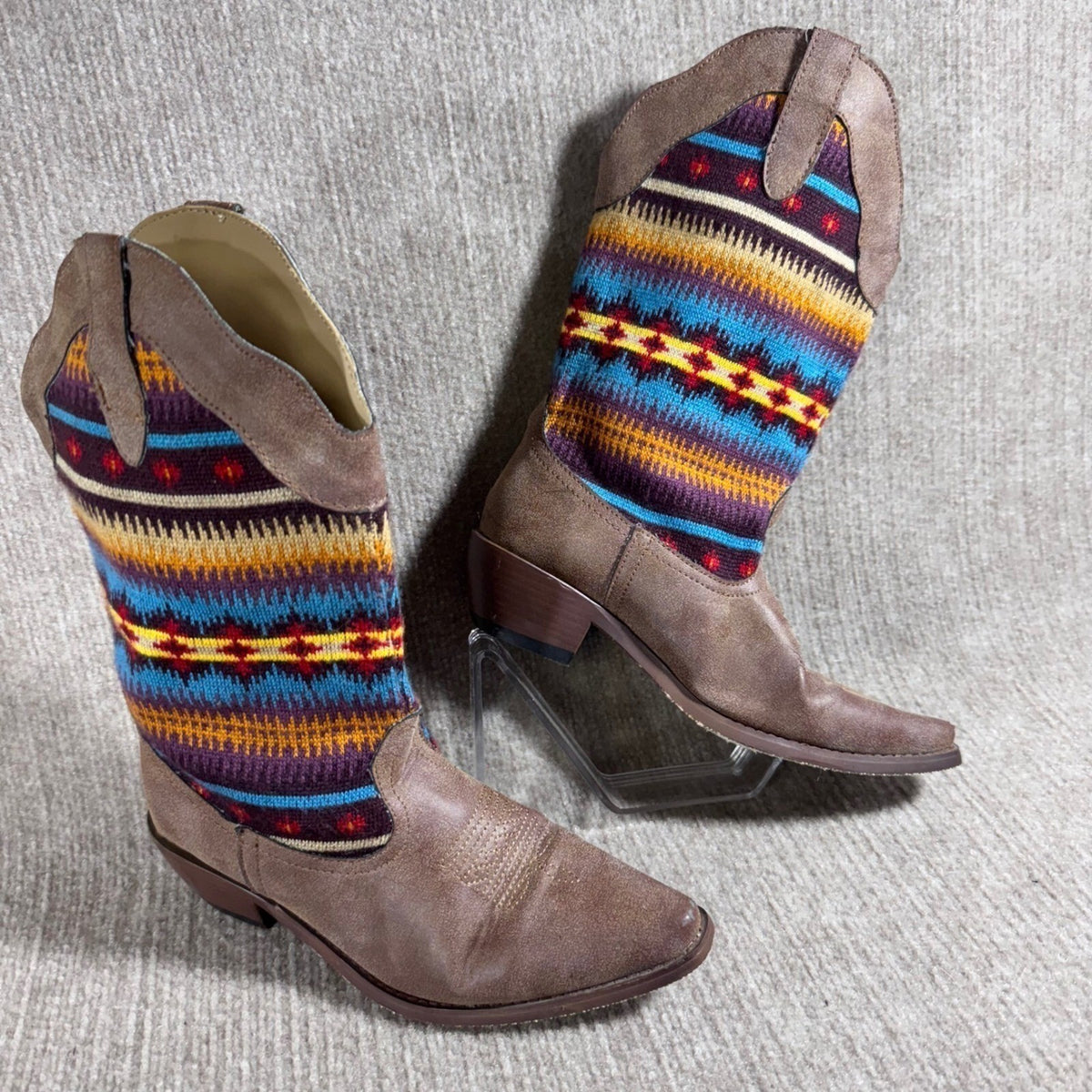 Roper Womens Western Boots Aztec Print Knit Shaft Brown Point Toe Sz 7