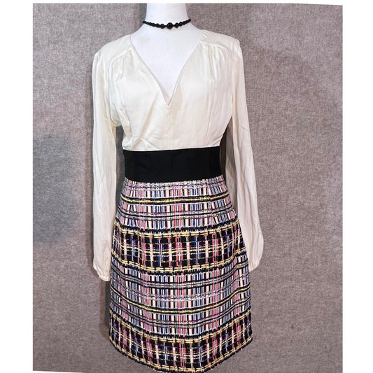 Milly Mini Dress Womens 6 Ivory Black Multi Tweed V Neck Long Sleeve Mod Chic