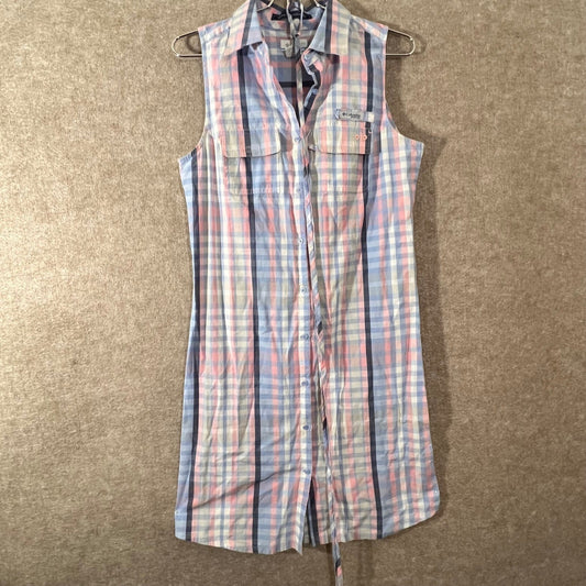 Columbia PFG Shirt Dress Womens Small Pink Blue Plaid Sleeveless Super Bonehead