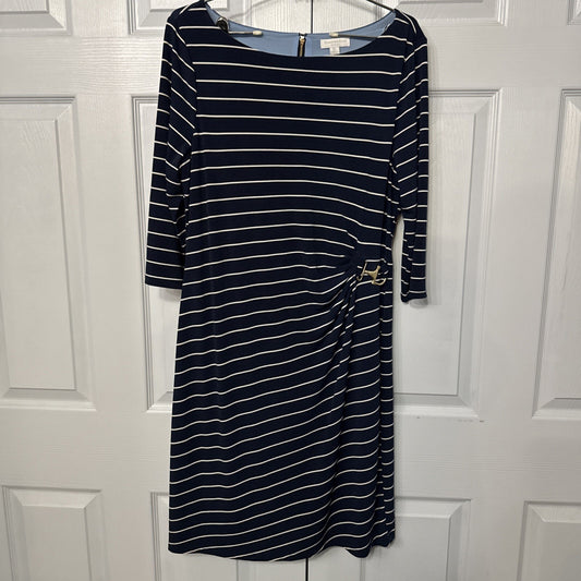 Charter Club Petite Large Navy White Striped Dress Nautical Belted Ruched Midi