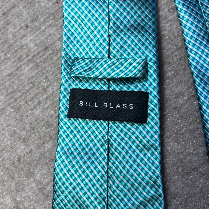 BILL BLASS Silk Tie Aqua Blue Gingham Check Mens Necktie Career Formal