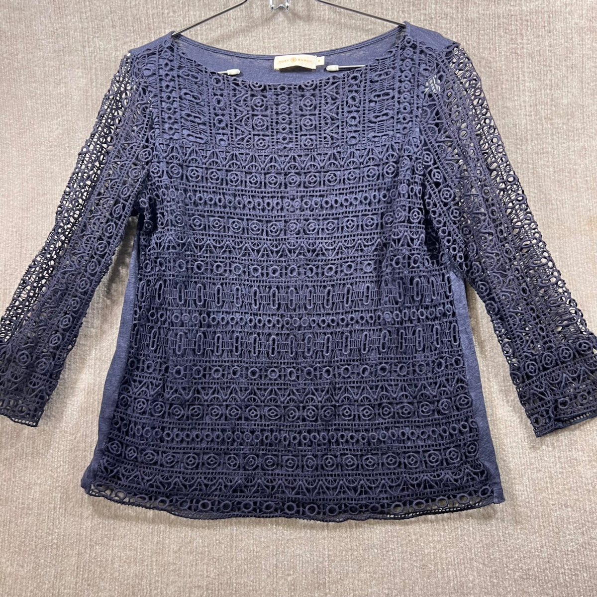 Tory Burch Navy Blue Lace Top 3/4 Sleeve Boat Neck Size Medium