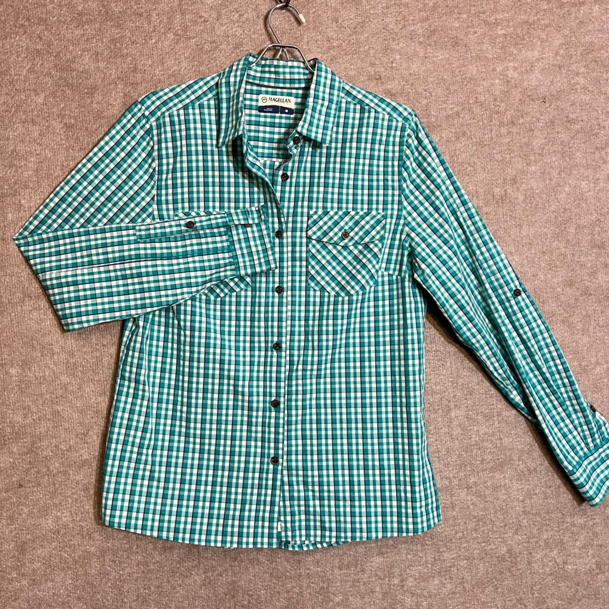 Magellan Outdoors Button Up Shirt Women M Green Gingham Plaid Hiking Gorpcore