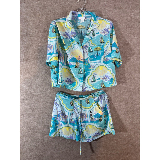 Cynthia Rowley Pajama Set Women Small Tropical Nautical Shorts Shirt Blue Beachy