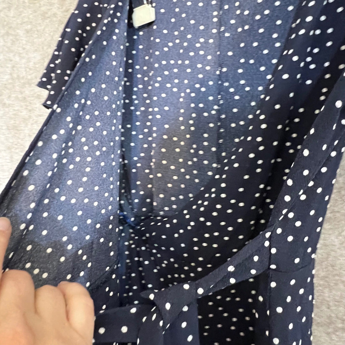 Relipop Polka Dot Wrap Dress Womens Small Navy Ruffle Hem Flutter Sleeve Mini