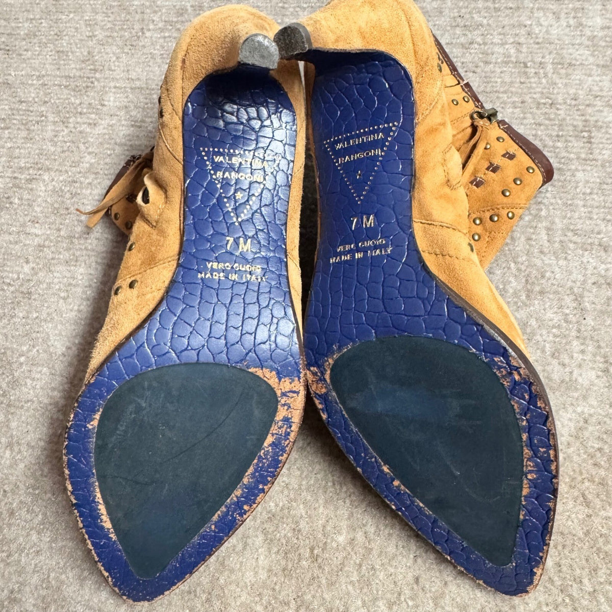 Valentina Rangoni Ankle Boots Womens 7M Suede Studded Western Italian Tan Blue