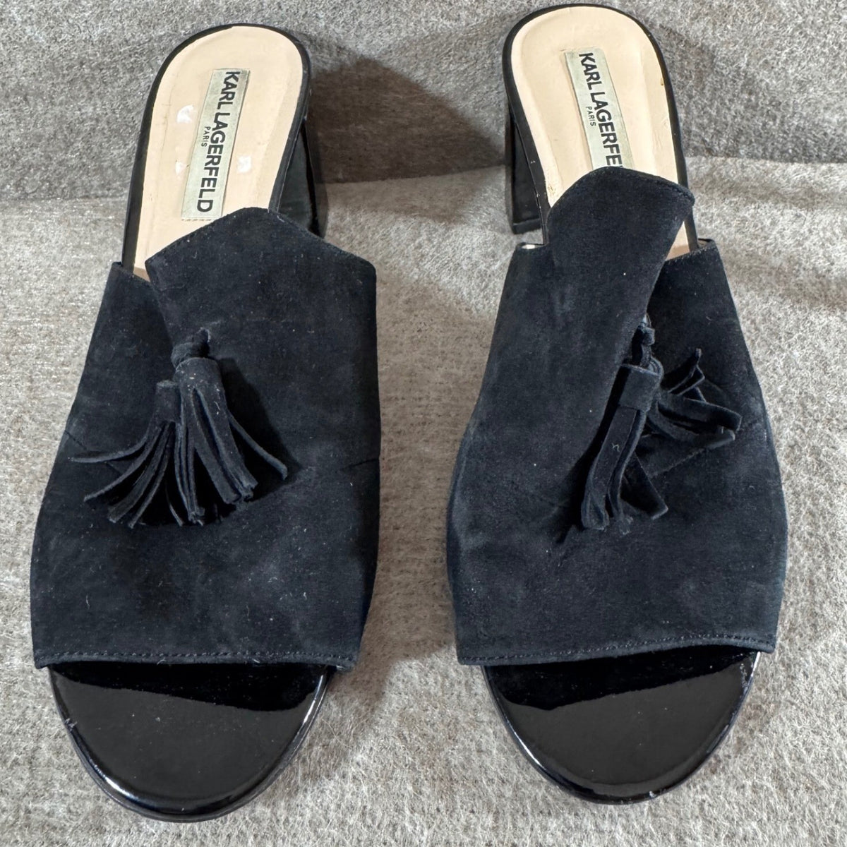 Karl Lagerfeld Hettie Black Mules Women 10 Suede Tassel Block Heel Chic