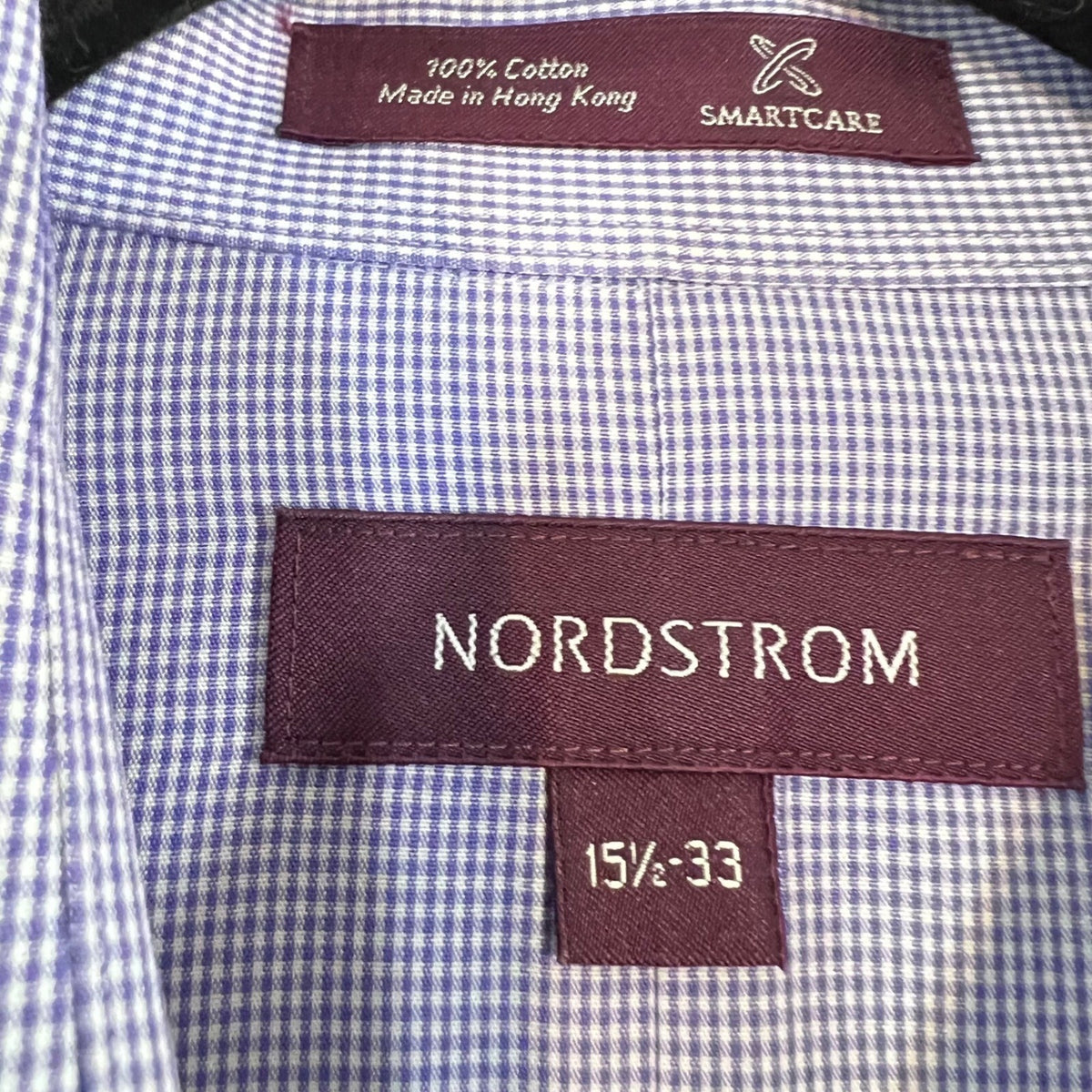 Nordstrom Button Down Shirt Mens 15.5-33 Purple Gingham Smartcare Formal Office