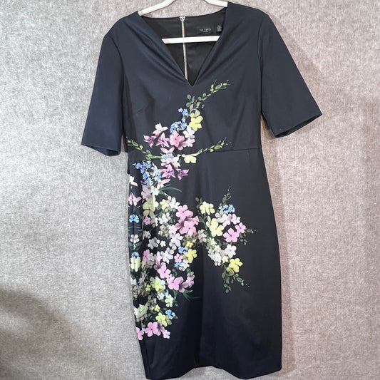 Ted Baker Floral Sheath Dress Women Size 3 V Neck Belted Pencil Knee Length