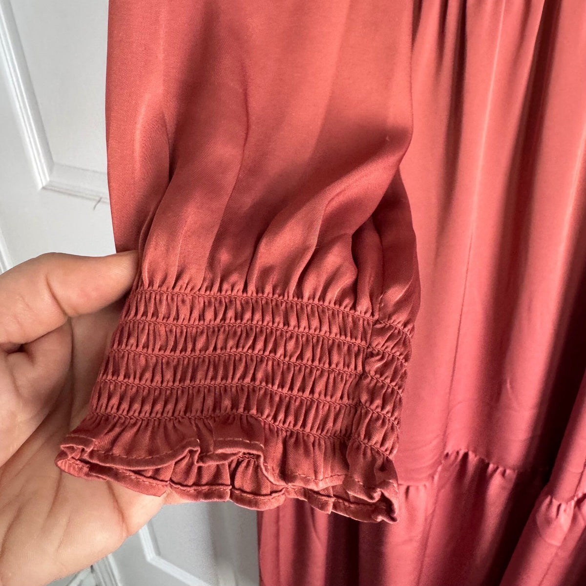 Express Midi Dress Women XL Rust Satin Smocked Waist Tiered Boho Romantic
