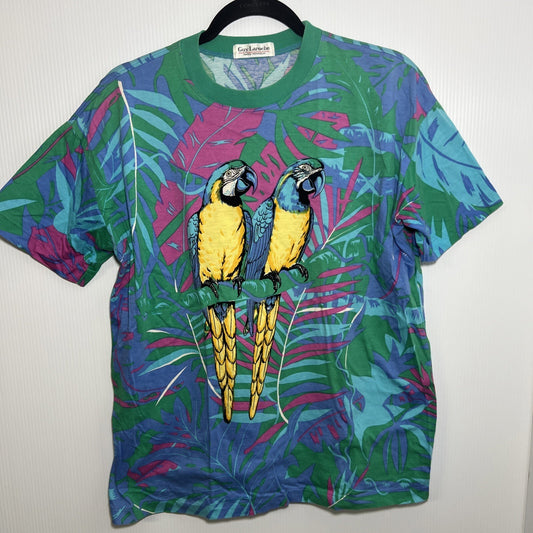Vintage Guy Laroche T-Shirt Artsy Parrot Tropical AOP Single Stitch 42” Chest