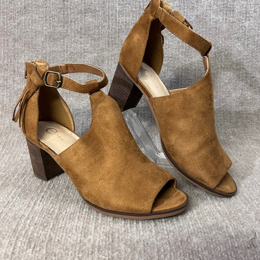 C Label Heeled Sandals Women 10 Tan Faux Suede Fringe Open Toe Boho