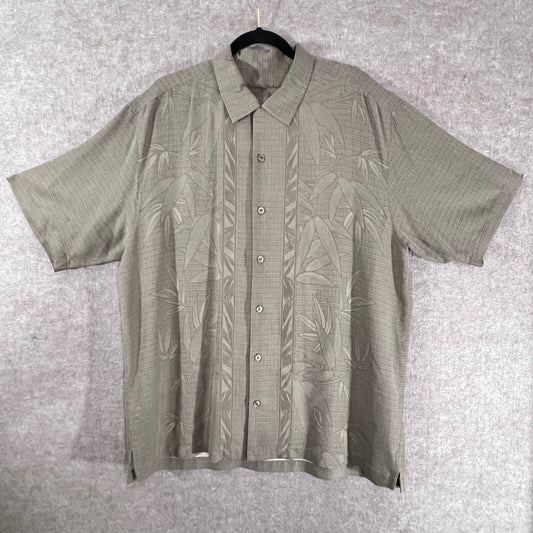 Tommy Bahama Silk Button Up Havana Shirt LTan Bamboo Leaf Embroidered Tropical