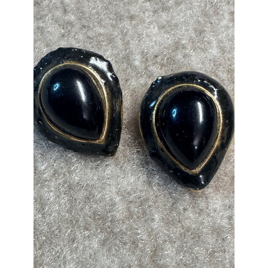 Vintage Earrings  x2 Black Enamel Gold Tone Teardrop Hoop Lot
