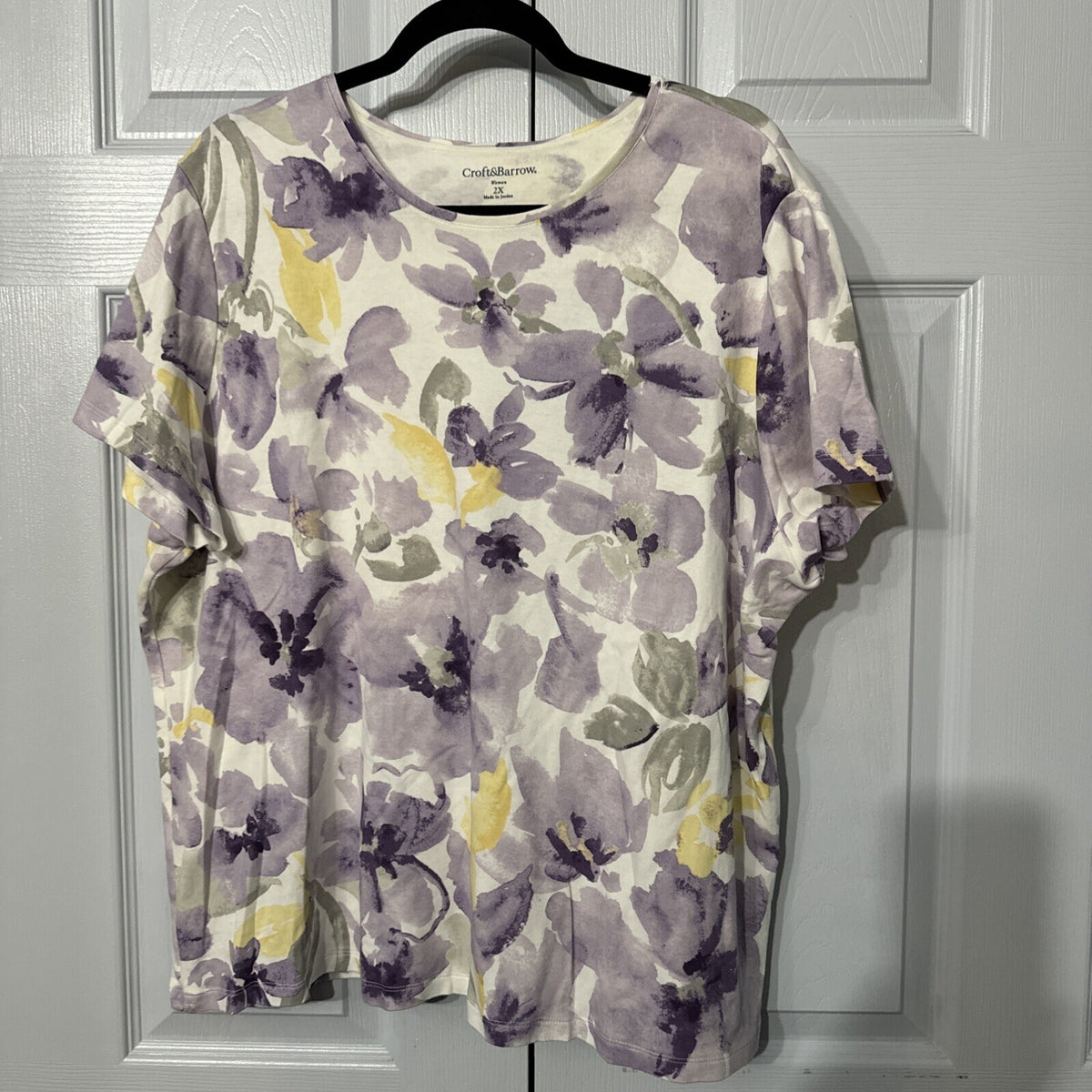 Croft & Barrow Women Top, Comfort 2X Purple Floral Relaxed Fit Short Sleeve