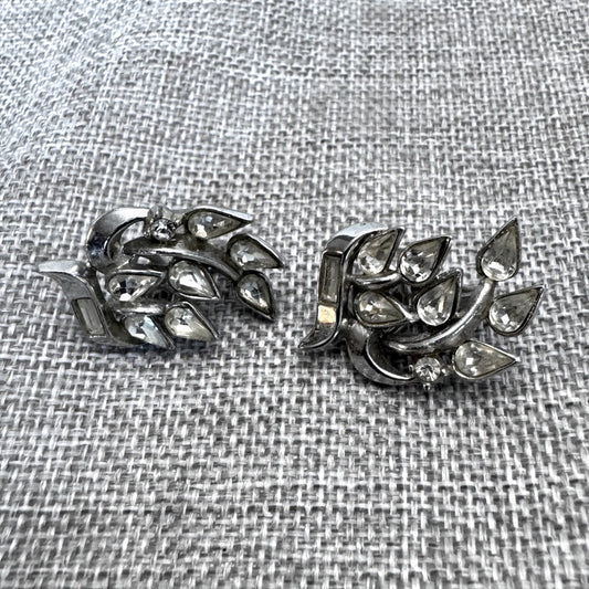 Vintage Crown Trifari Rhinestone Leaf Clip-On Earrings Signed Designer Jewelry
