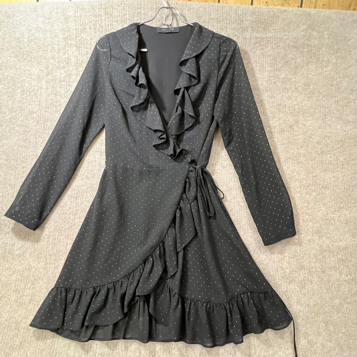 ALLSAINTS Niyah Shimmer Wrap Dress Black Ruffle V Neck Long Sleeve Mini S