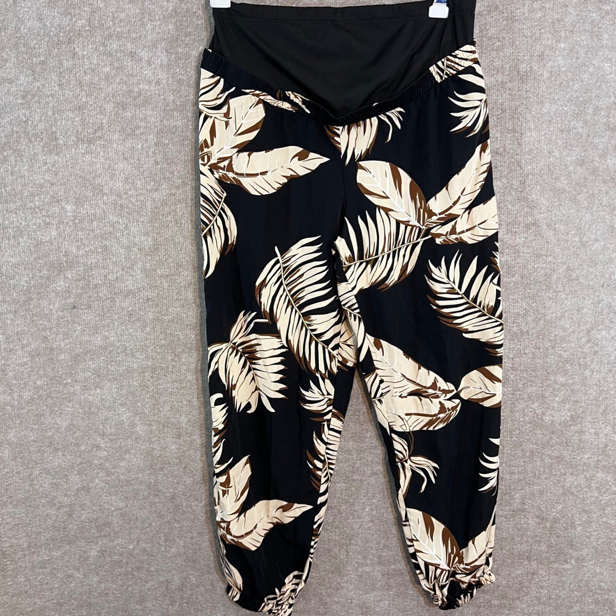 SHEIN Jogger Pants Maternity L Black Tropical Palm Leaf Print Elastic Waist Boho
