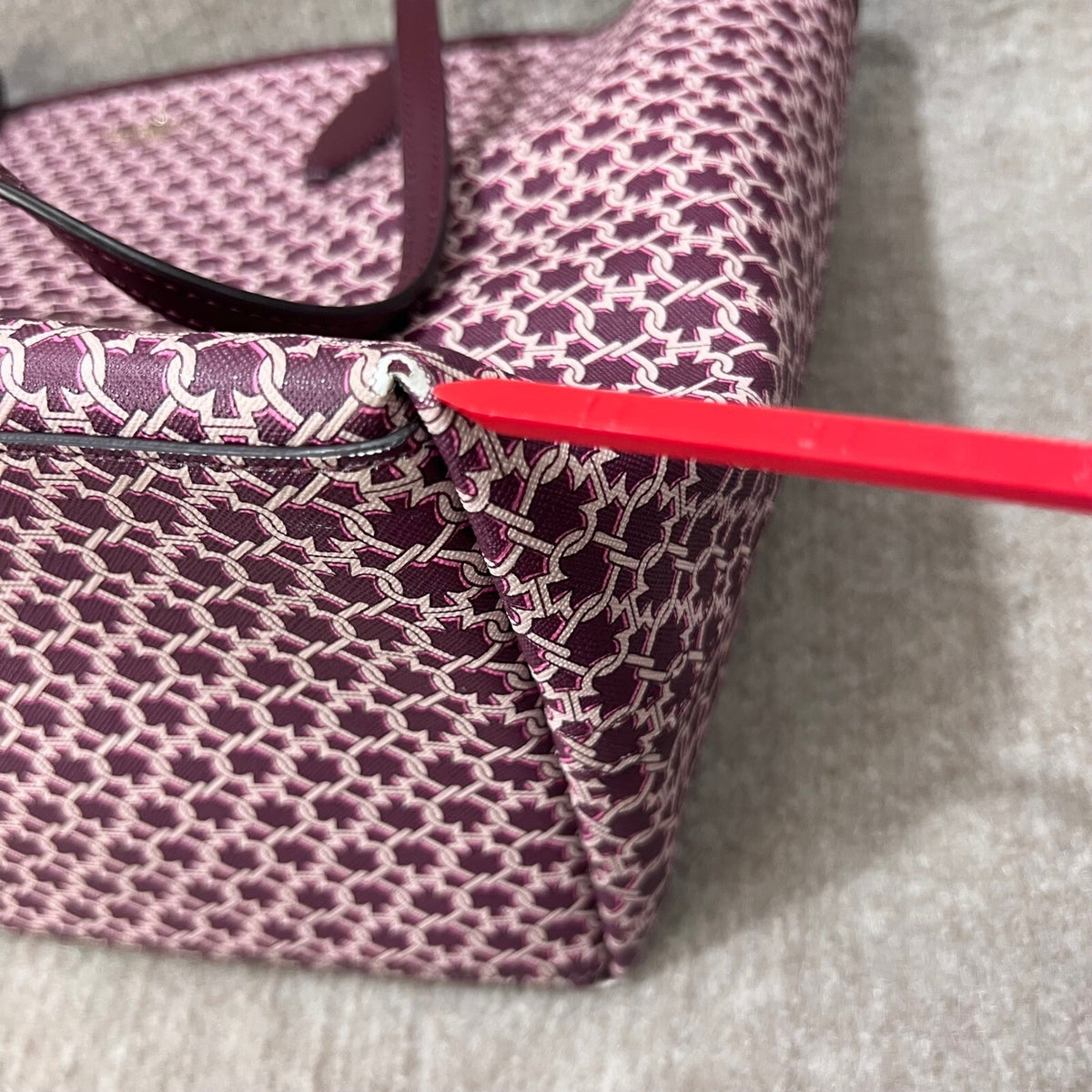 Kate Spade Link Tote Bag Burgundy Signature Logo Print Leather Trim