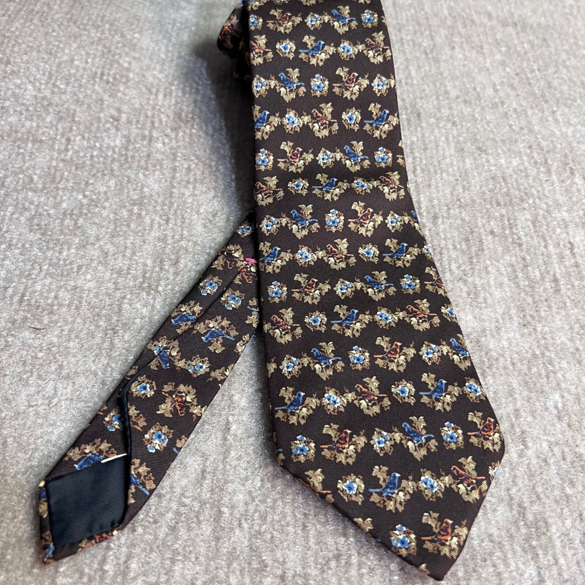 Oscar de la Renta Signature Silk Tie Brown Blue Bird Floral Botanical Necktie