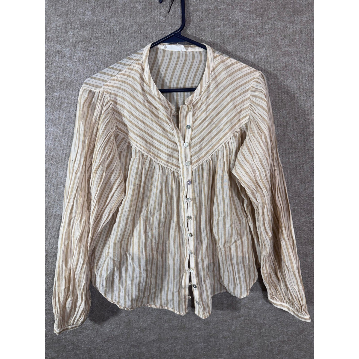 MNG Mango Striped Button Front Blouse Womens XS 2 Tan Long Sleeve Boho Prairie