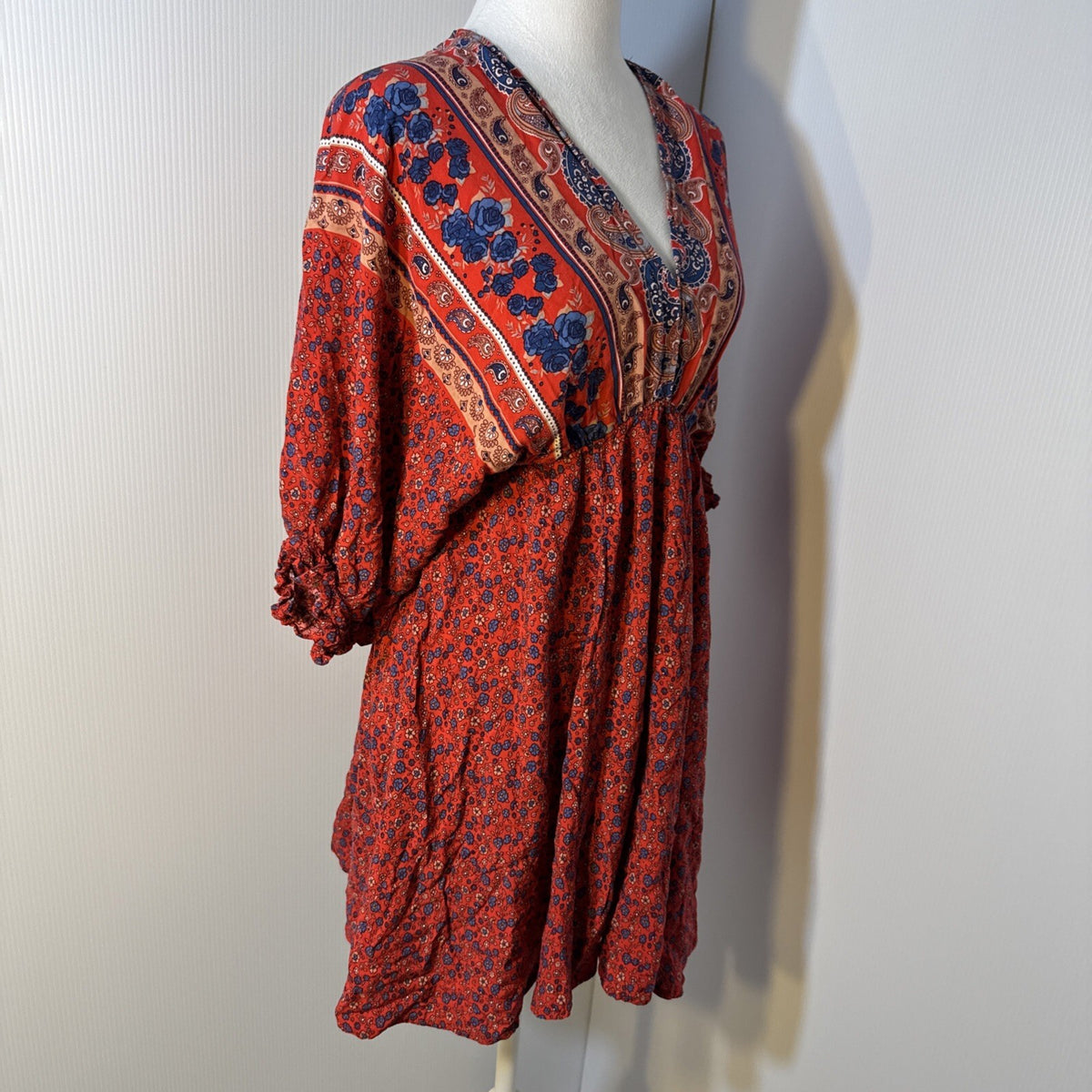 Umgee Boho Summer Red Mini Dress Floral Med Baby Doll Puff Sleeve V neck