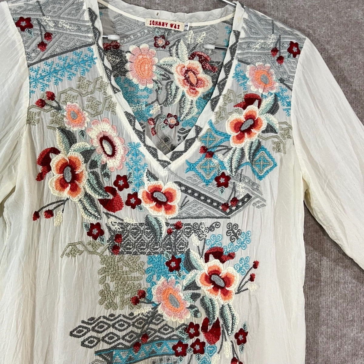 Johnny Was Tunic Womens S White Floral Embroidered V Neck 3/4 Sleeve Boho